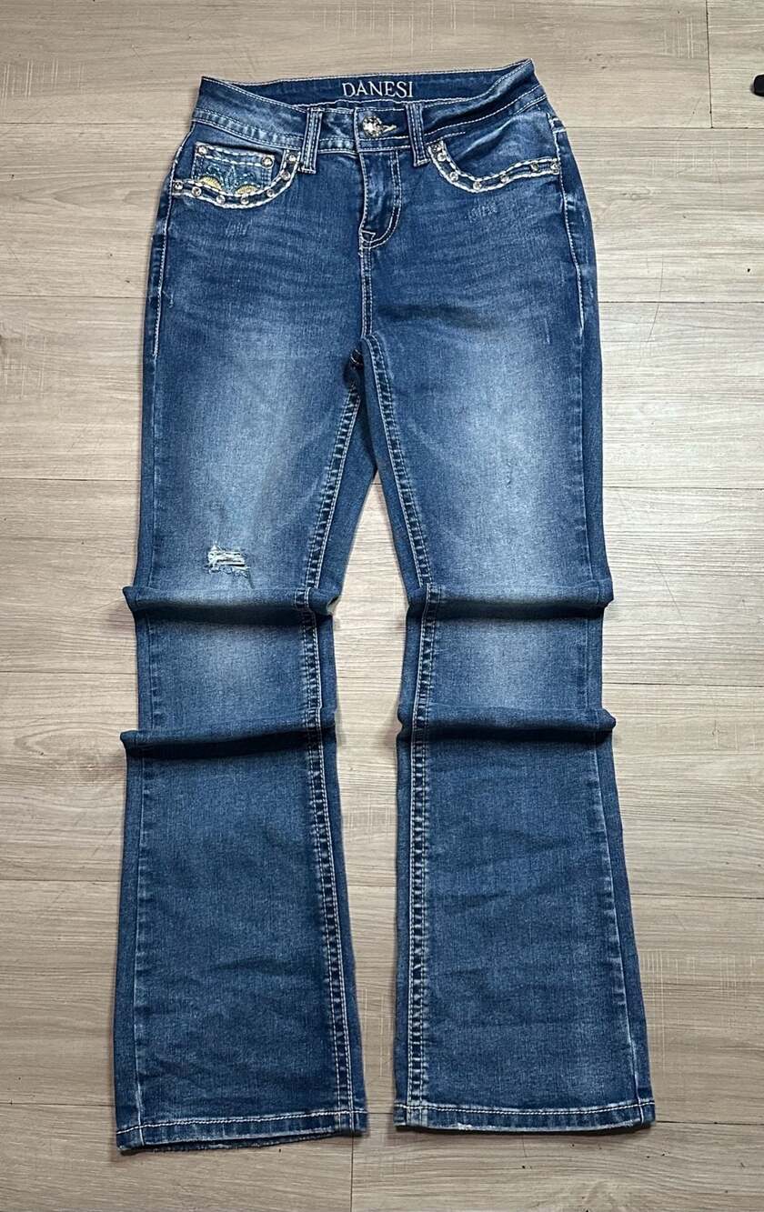 Danesi Women's Rhinestone Embellished Embroidered Pocket Bootcut Jeans Size 3